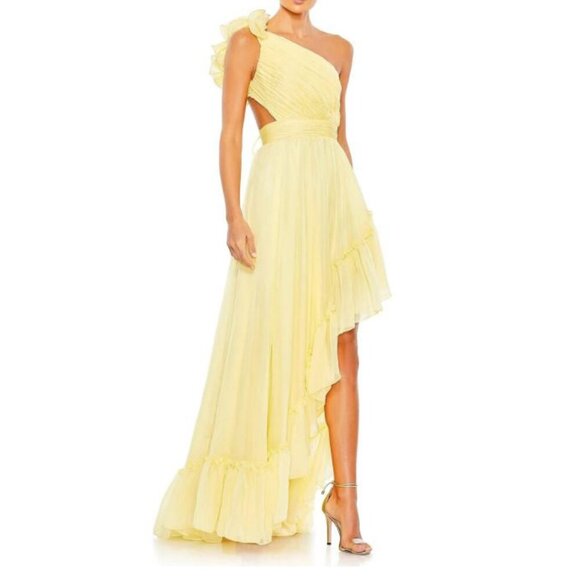 NWT Mac Duggal One Shoulder Ruffle Sleeveless Cut Out Asymmetrical High-Low Gown - Picture 4 of 6